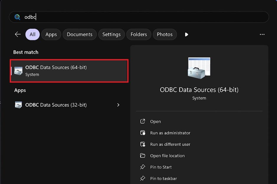 Start Menu>ODBC 